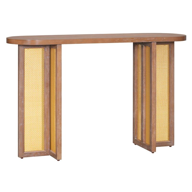 Acacia Veneer Rattan Console Table Narrow Hallway Tables with Oval Table Top, Entryway Table with Storage Drawers