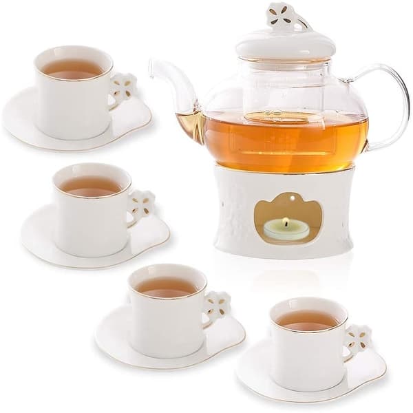 Cast Iron Tea Kettle for Stovetop - Japanese Tea Set with Warmer, Trivet,  Infuser and 4 Teacups, Hobnail Design (40 oz, Black, 6 Pieces)