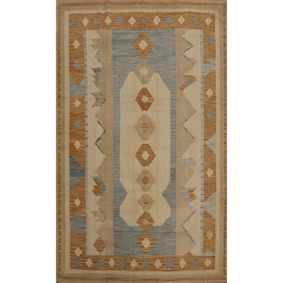 Hand Woven Oriental 100% Wool Carpet Southwestern Tribal Beige & Ivories Kilim Area Rug - 9' 11'' X 6' 6''