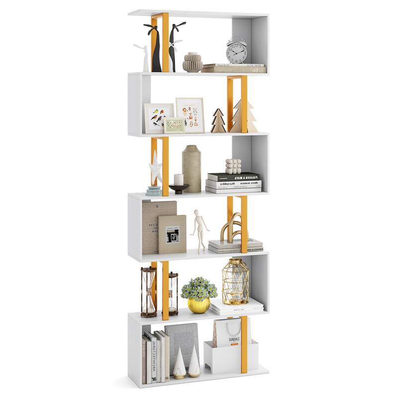 Gymax 6-Tier Geometric Bookcase 74.5-Inch S-Shaped Bookshelf w/ Metal