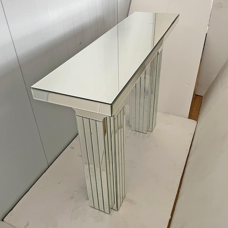Silver Mirrored Console Table with Rectangular T-Base, Modern Entryway Table for Living Room & Hallway Decor