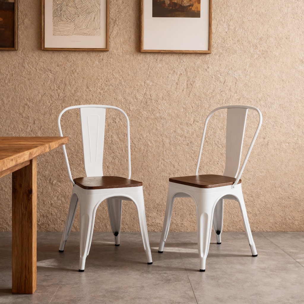 18" Modern Industrial Metal Stackable White and Brown Dining Chair, 2PCS - 18" W X 18" D X 33" H