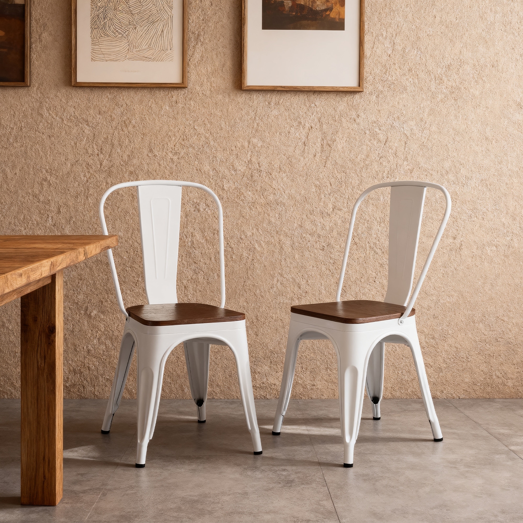 18" Modern Industrial Metal Stackable White and Brown Dining Chair, 2PCS - 18" W X 18" D X 33" H
