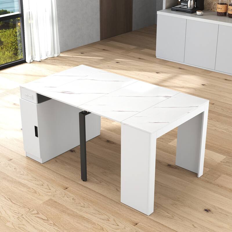 Modern Extendable Dining Table with Outlet & Storage, Space-Saving Expanding Table for Party & Meetings