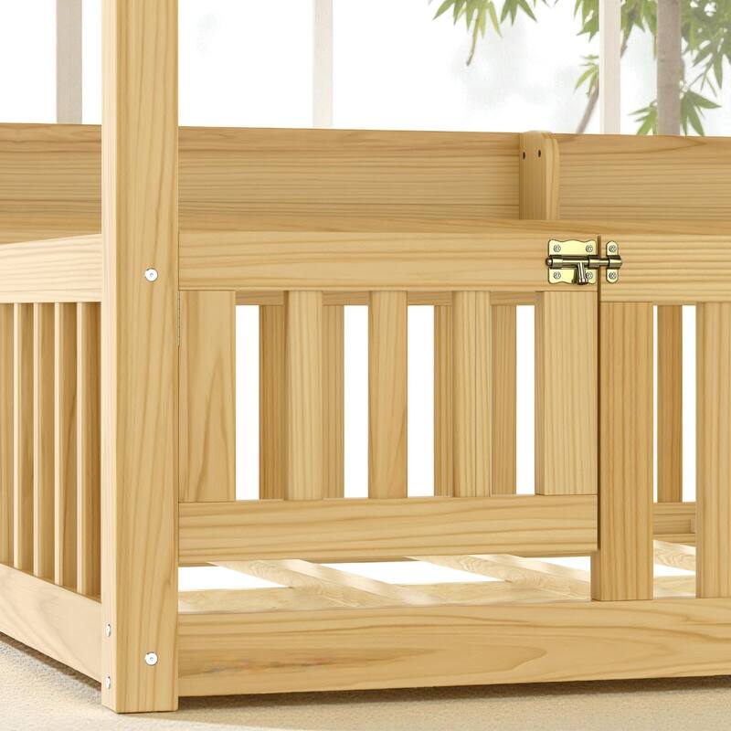 Twin/Full Size Montessori Floor Bed with Canopy and Guardrails, Solid Wood Kids Bed Frame with Shelves, No Box Spring Needed