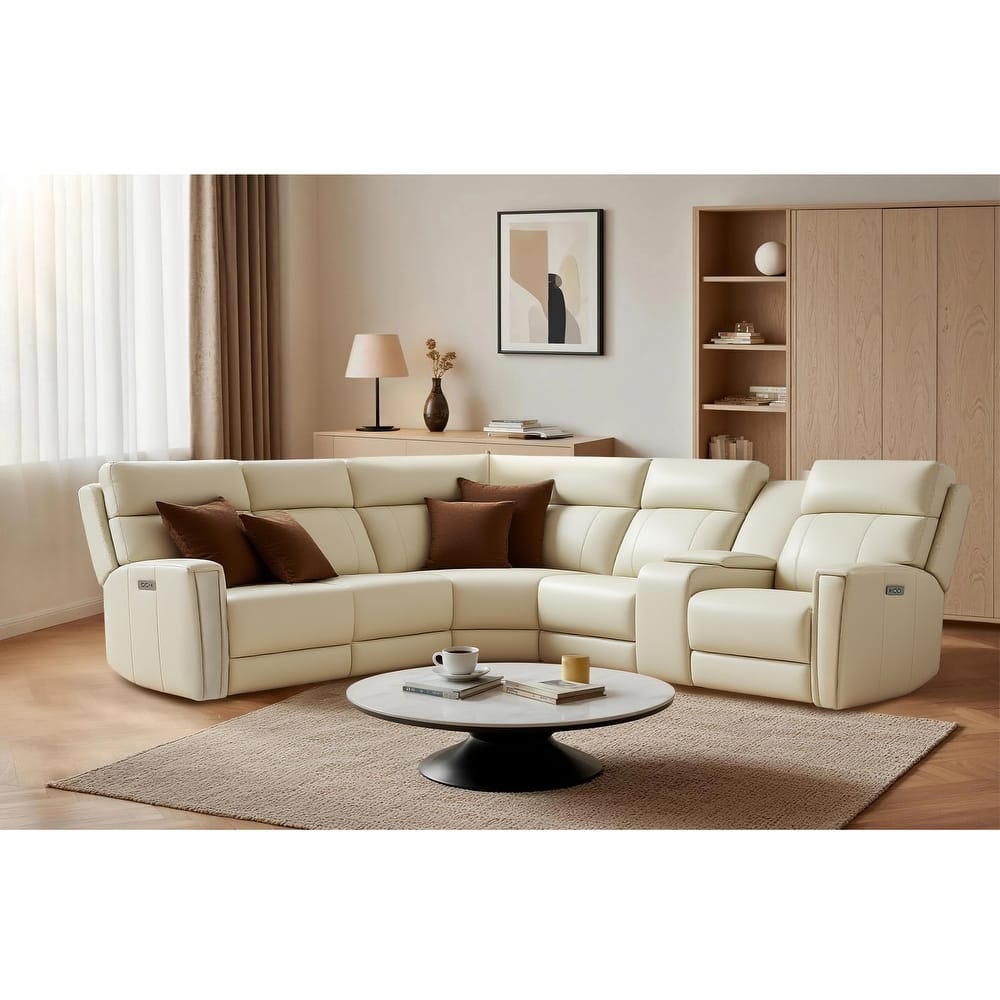 6PCS, 3 power Recliners, Genuine Leather Reclining Sectional with Power headrest, Zero Gravity