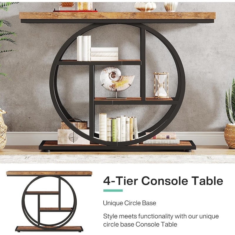 41.3" Console Table, Industrial 4-Tier Entryway Table with Circle Base - 41.3" W x 11.8" D x 31.5" H