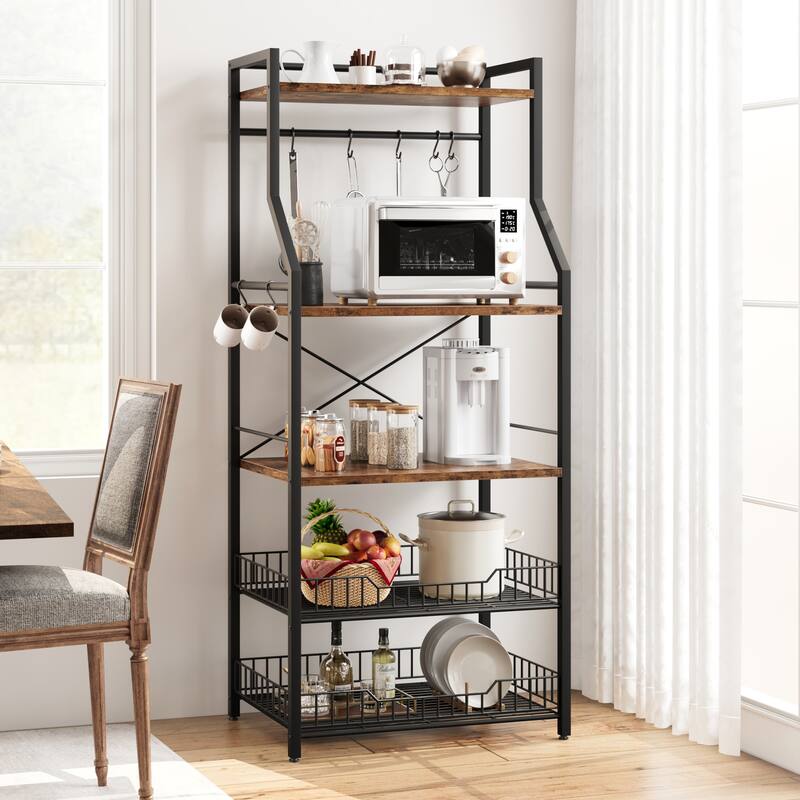 Kitchen Bakers Rack, Microwave Oven Stand with 2 Large Wire Basket - Brown