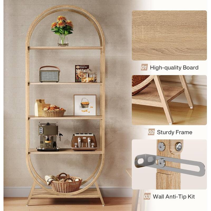 70.8 Inches Tall Bookshelf, 5 Tiers Arched Bookcase with Metal Frame
