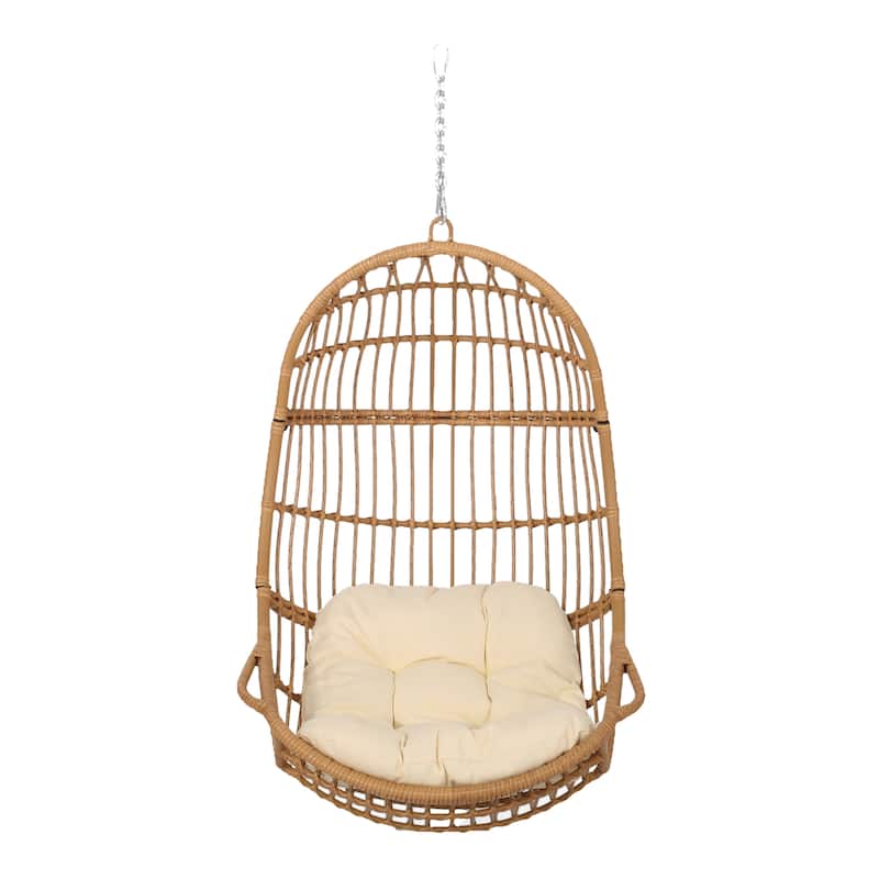 Crumpton Wicker Outdoor Hanging Basket Chair with Cushions by Christopher Knight Home - Light Brown + Beige