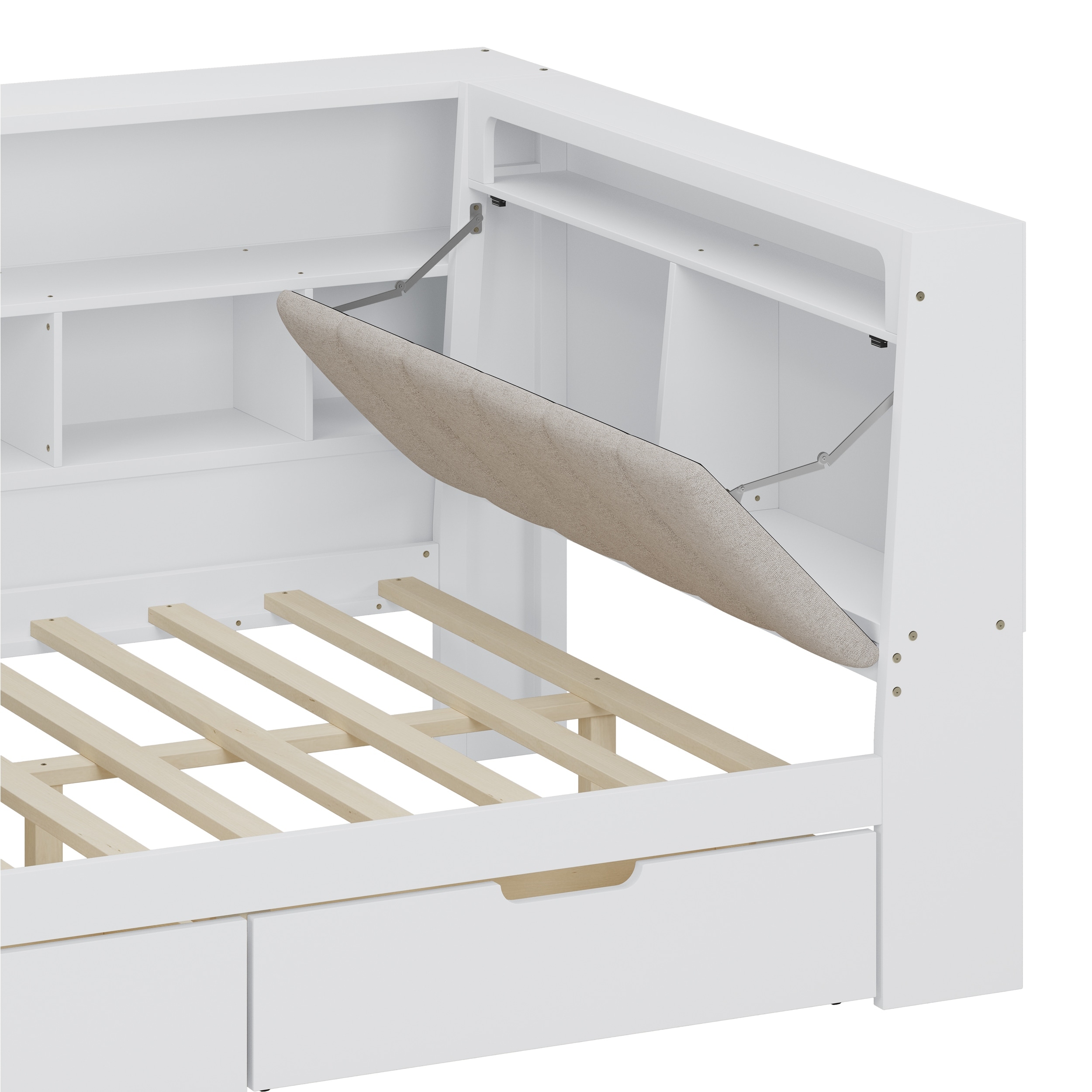 L-shaped Wooden Daybed with Desk and Bookcase, Corner Captains Bed with Upholstered Headboard, Underbed Drawers, LED Light
