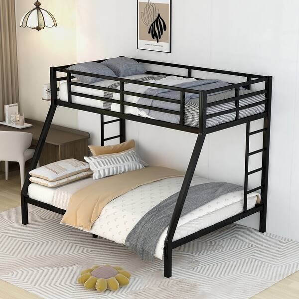 slide 2 of 9, Metal Bunk Bed with 2 Ladders, Heavy Duty Sturdy Bedframe with Safety Guardrails for Kids, Teens & Adults, No Box Spring Needed Black - Twin XL