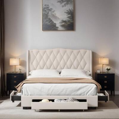 Queen Size Velvet Fabric Platform Bed with Tufted Headboard, Upholstered Bed with 3 Drawers, No Box Spring Needed, Beige