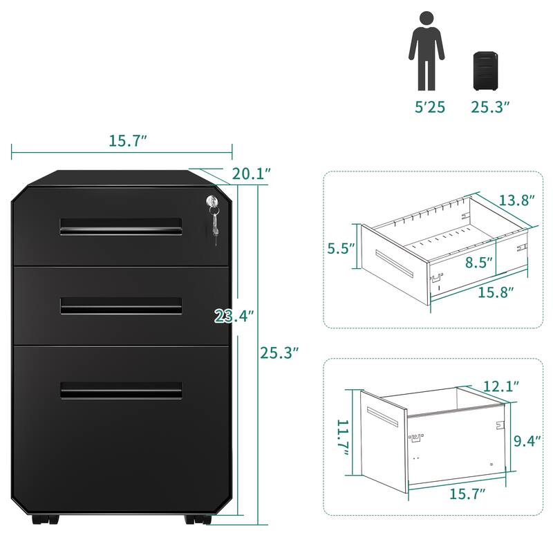 Modern Polygon 3-Drawer Wheeled Steel File Cabinet