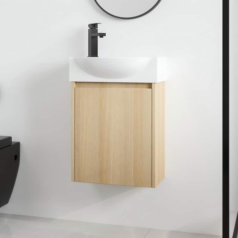 Malwee 16" Floating Bathroom Vanity, Mini Wall Mounted Bathroom Vanity with Ceramic Sink and Soft Close Door - 16"×11"×22"
