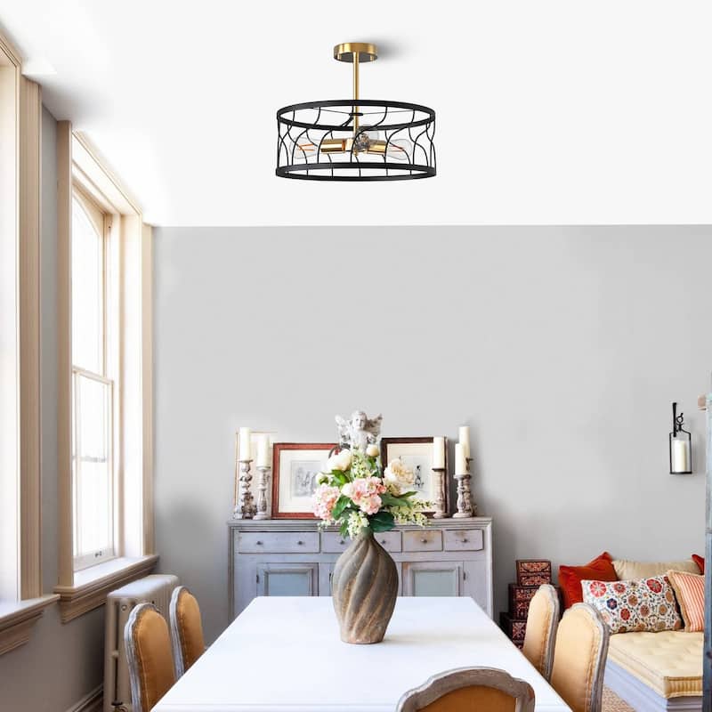 YANSUN 16.5 in. 3-Light Black and Gold Drum Metal Semi-recessed Ceiling light Modern Mininalit Semi-Flush Mount t for kKitchen
