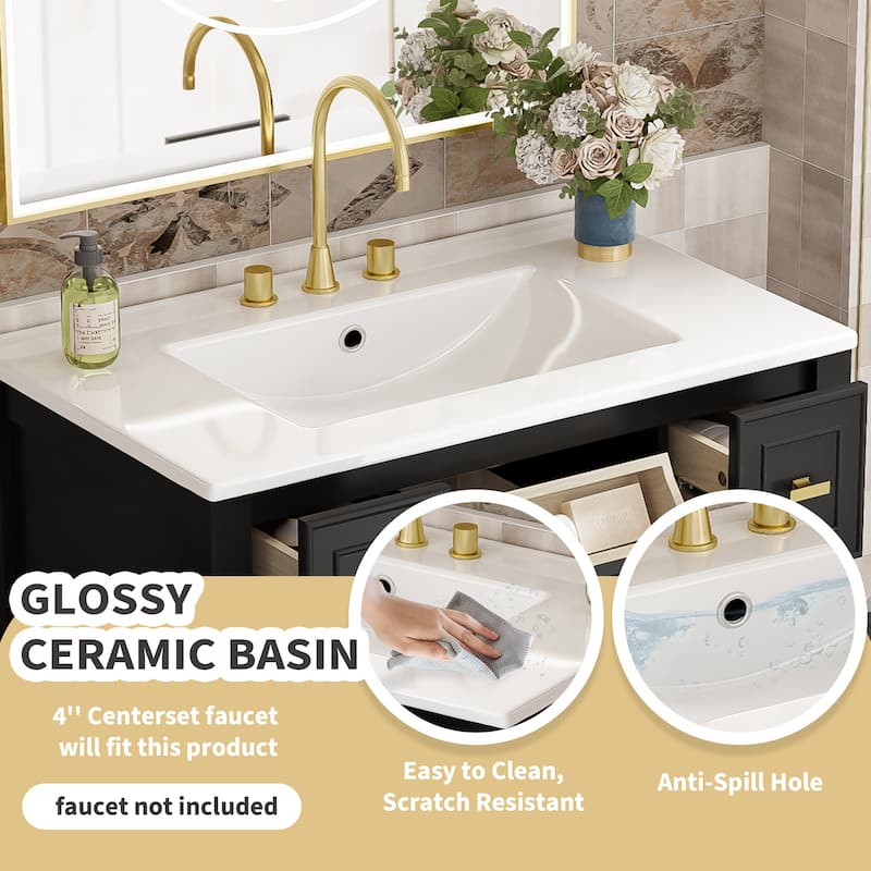 30 Inch Freestanding Bathroom Vanity with Ceramic Top, 5 Storage Drawers, MDF Cabinet and Gold Hardware