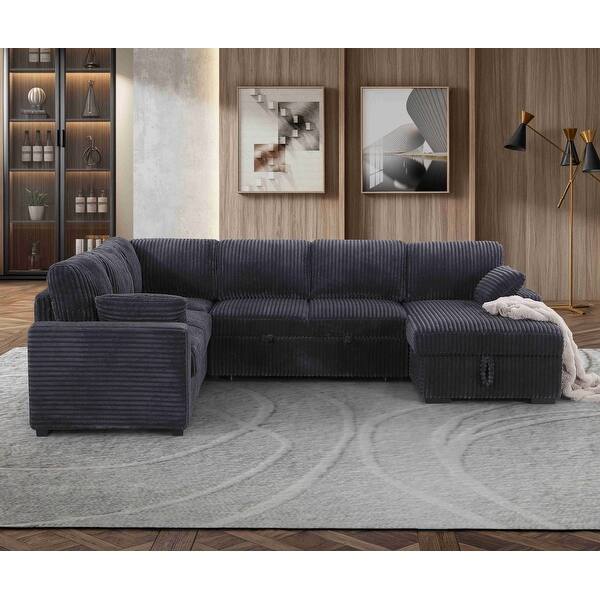 Modern Corduroy Sectional With Storage Chaise Lounge