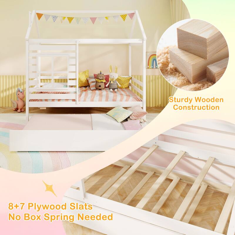 Gymax Twin Size House Bed with Trundle Wooden Platform Bed w/ Roof