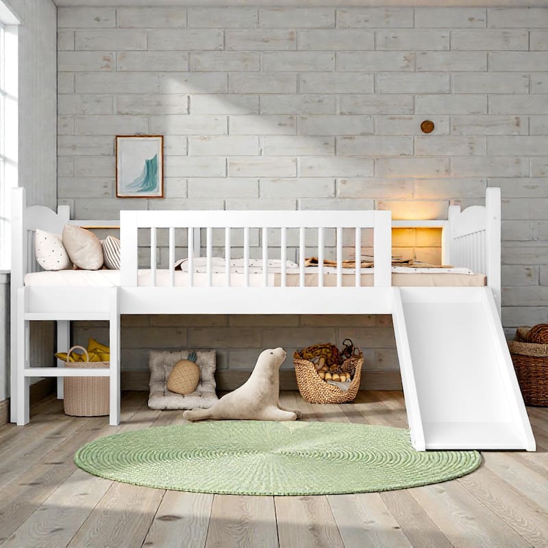 Twin XL/Twin Wood Loft Bed with Storage Shelves, LED Lights, Full-Length Guardrails & Solid Wood Frame, No Box Spring Needed - Light White - Twin XL