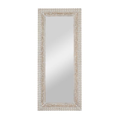 Mango Wood Floral Intricately Carved Wall Mirror - White - Roche River Decor - 2"W x 36"L x 84"H