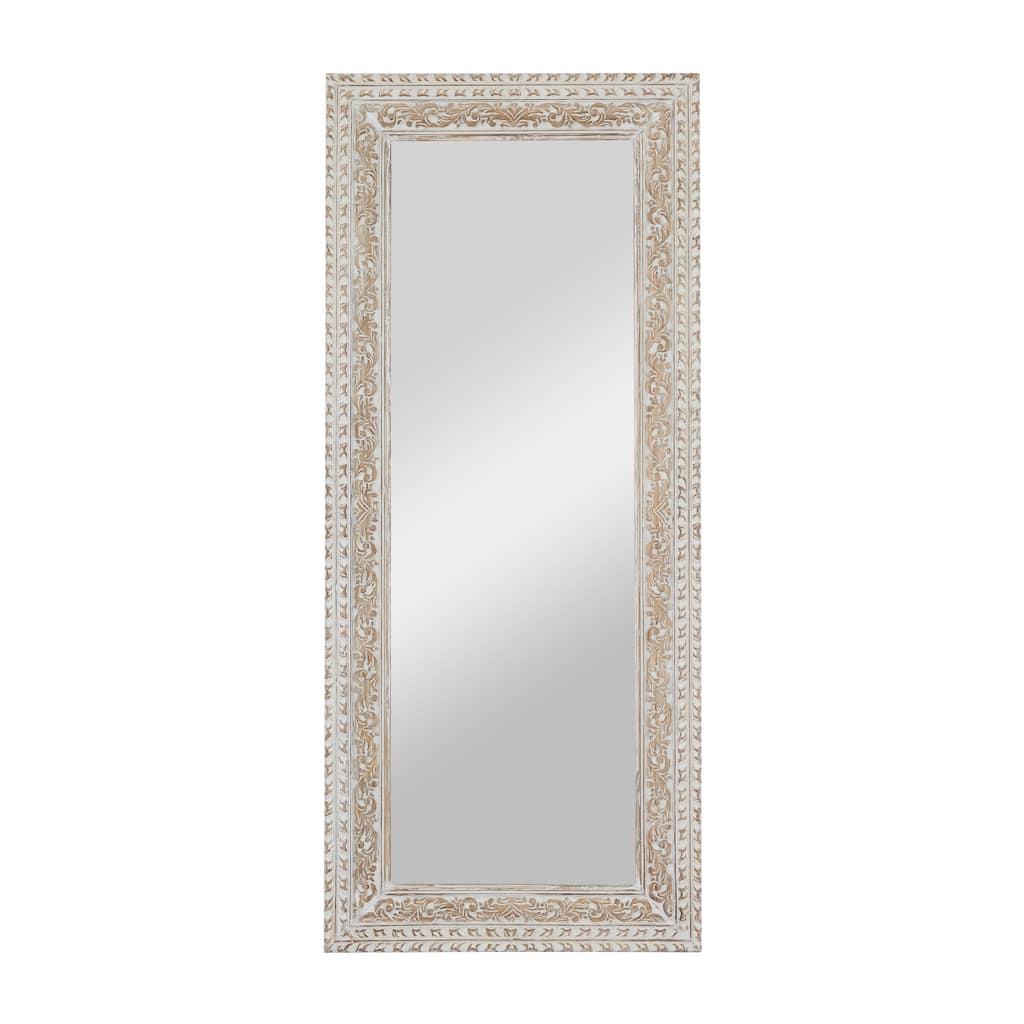 Mango Wood Floral Intricately Carved Wall Mirror - White - Roche River Decor - 2"W x 36"L x 84"H