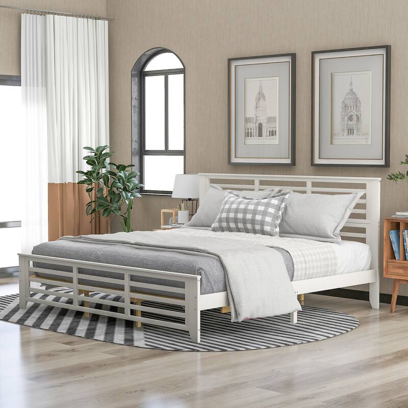 King Size Platform Bed with Horizontal Strip Hollow Shape, Wood Bed