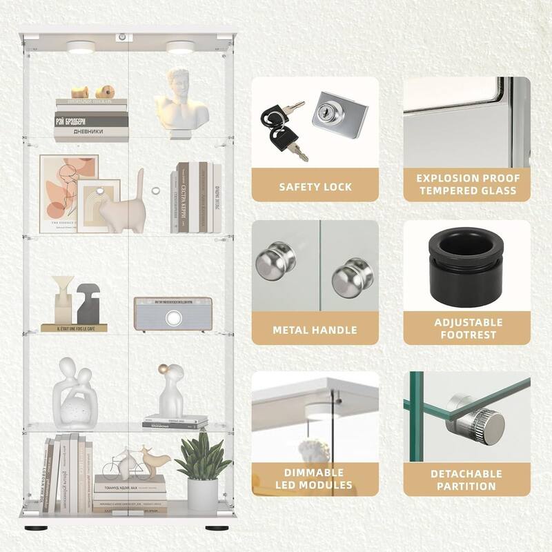 5-Shelf Glass Display Cabinet with Locking Door, 12-Color LED Lights and Remote Control