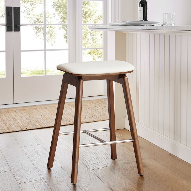 26-Inch Faux Leather Wood Counter Stools Set of 1/2/3 - 26"H x 18.1"L x 16.5"D - Single - Walnut Legs