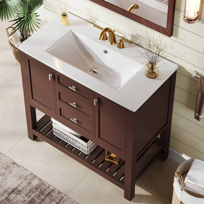 36 Inches Bathroom Vanity with Sink, Storage Vanity Cabinet with 2 Doors & 3 Drawers