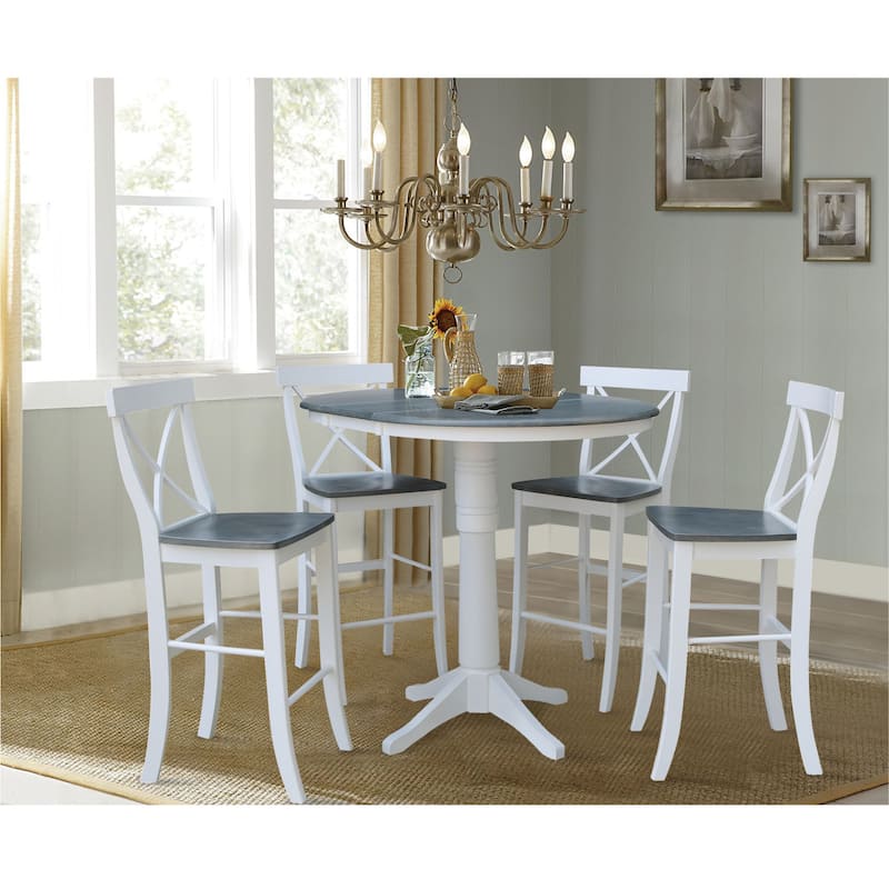36" Round Extension Dining Table With 4 X-back Bar Height Stools - Set of 5 Pieces