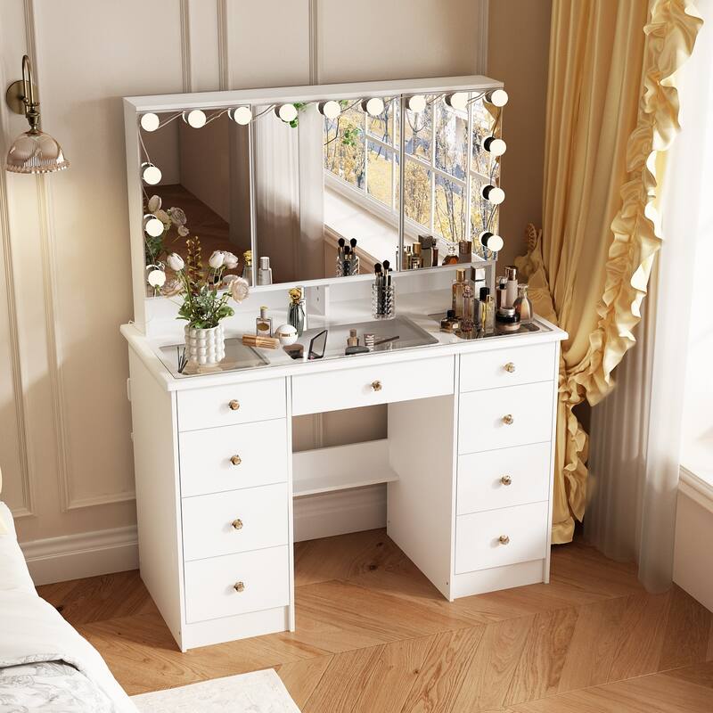 Glass Top Soft-Close Adjustable Lighting Vanity Dresser Vanity Makeup Table Dressing Table