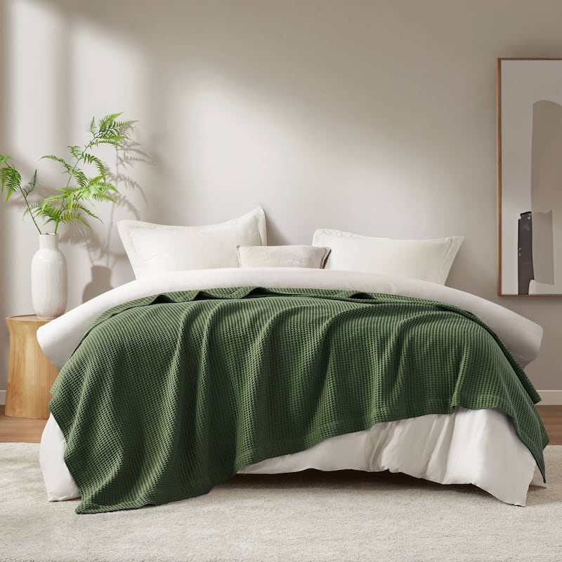 Madison Park Waffle Weave Cotton Blanket - King - Olive Green