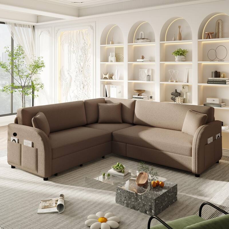 85.1" Teddy Upholstered Sofa with Pull-Out Bed and USB Port