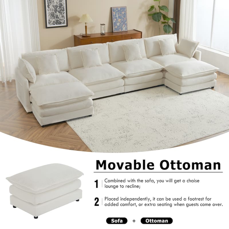 149.6" Corduroy U-Shaped Sectional Sofa with 2 Ottomans and Storage Pockets
