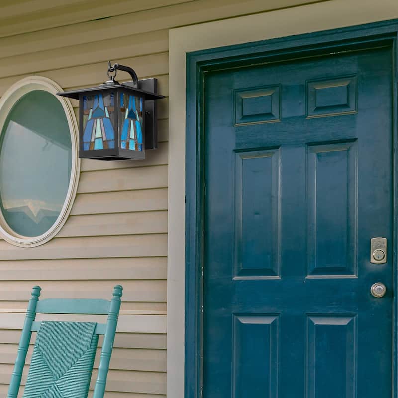 River of Goods Aqua Stained Glass and Black 1-Light Outdoor Lantern Wall Sconce - Aqua/Blue
