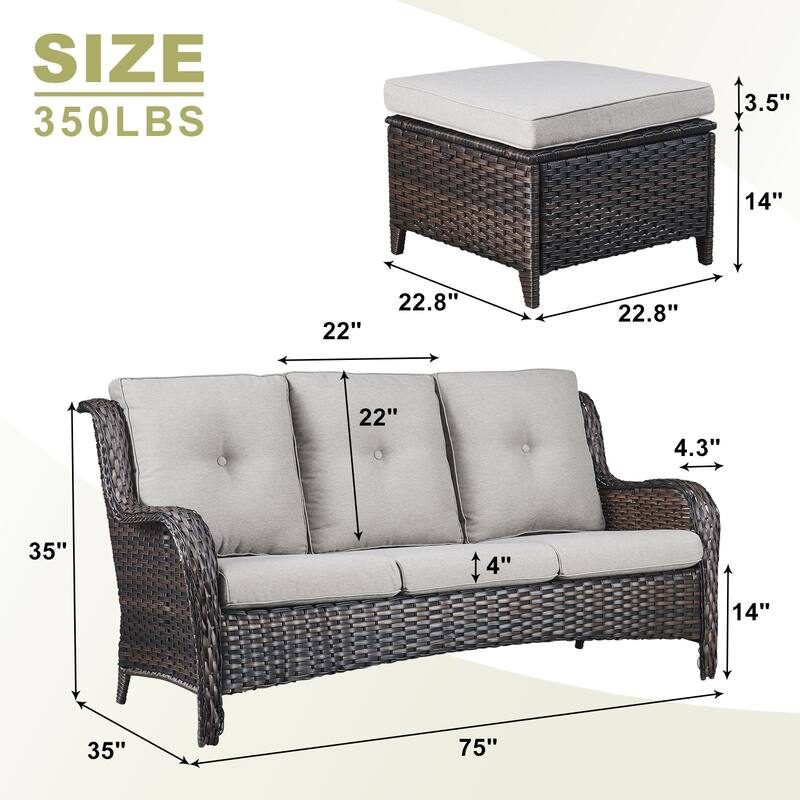 Gymojoy 3-Piece Outdoor Wicker Patio Furniture with 3 Seat Sofa, Rattan Coversation Set with Water Resistant Thick Cushions