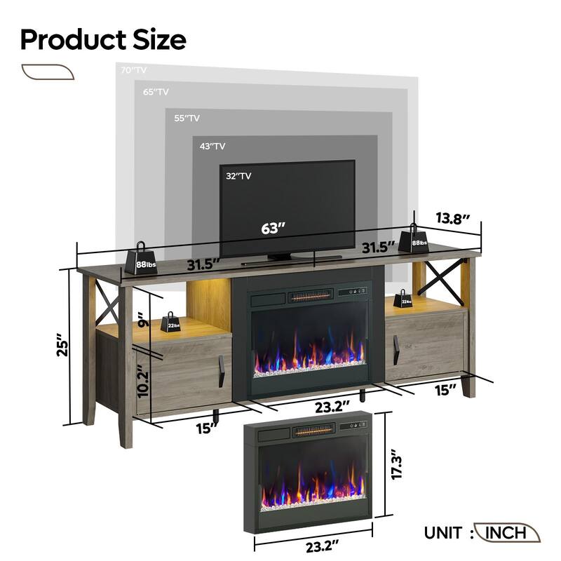 Bestier 63" TV Stand, LED Media Console with Storage, with Electric Fireplace and LED and Adjustable Storage Cabinet