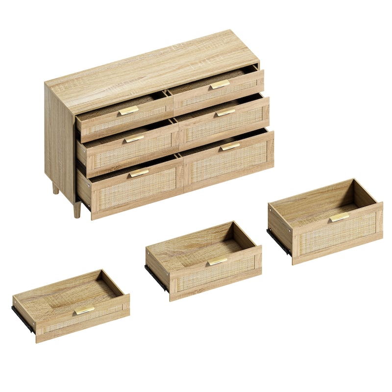 Anmytek Rattan 6 Drawer Dresser with Gold Handles Bohemian Bedroom Storage Chest
