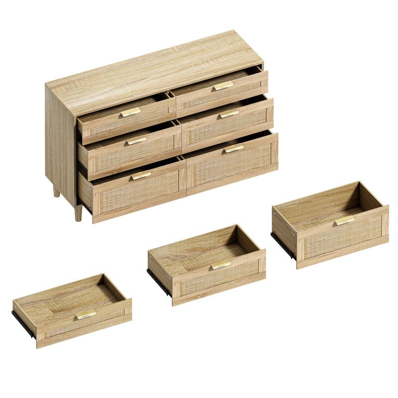 Mid-Century Modern Rattan Dresser, 6-Drawer Wicker Bedroom Dresser, Storage Cabinet with Metal Handles & Wood Legs