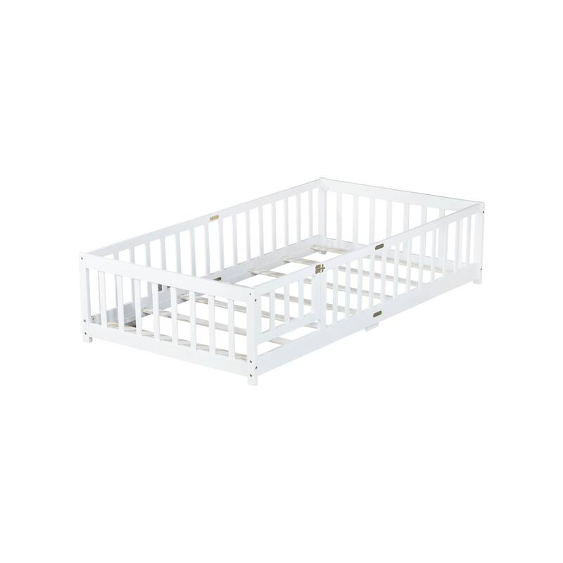 Twin Size Floor Bed with Fence and Door, Rubber Wood Floor Bed with Safety Guardrails