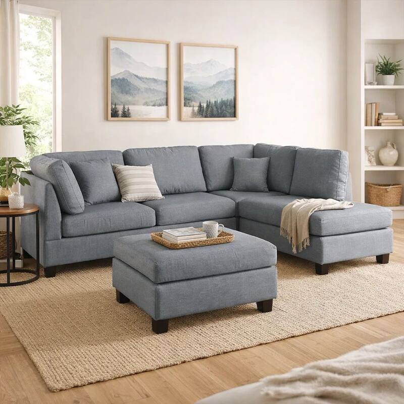 Linen Fabric 3 Pieces Sectional In Gray