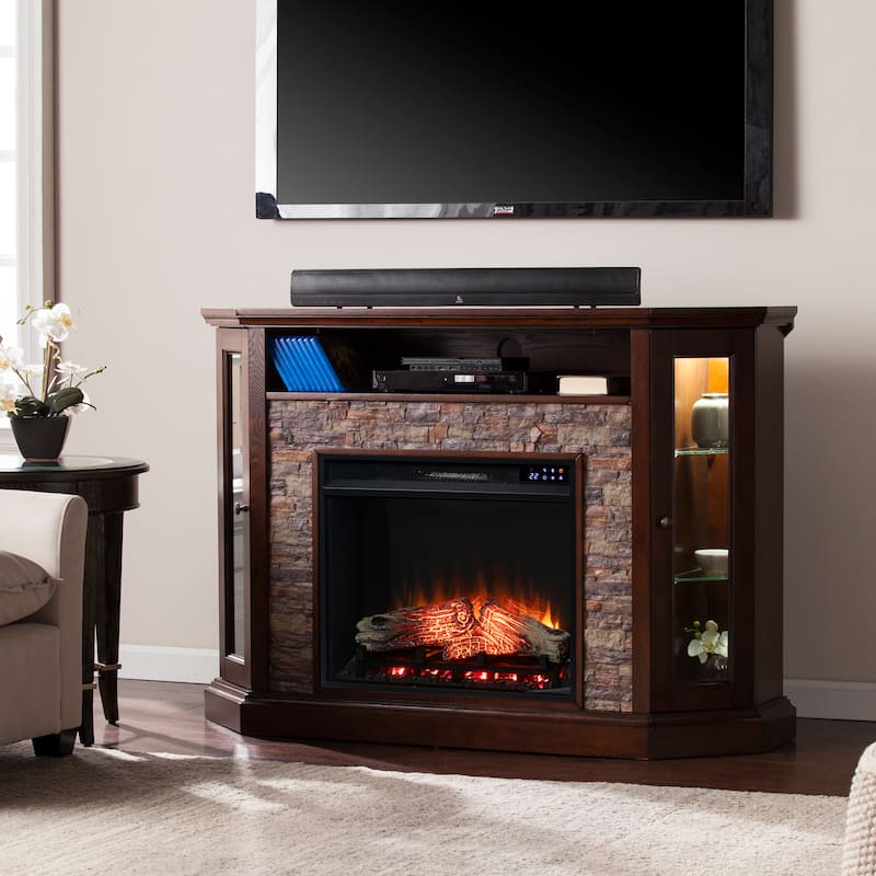 SEI Furniture Hermon Faux Stone Electric Fireplace Corner Media TV Stand for TV's up to 50" - Mirrored Reflector Firebox