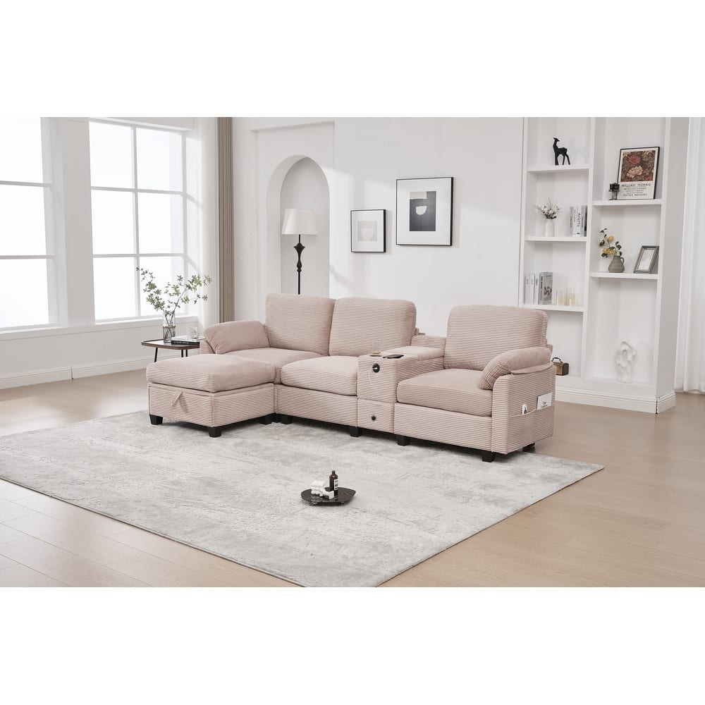 HOMEFUN Corduroy Upholstered L-Shaped 4-seater Storage Multifunctional Sectional Sofa with Storage Ottoman,Cup Holder and USB