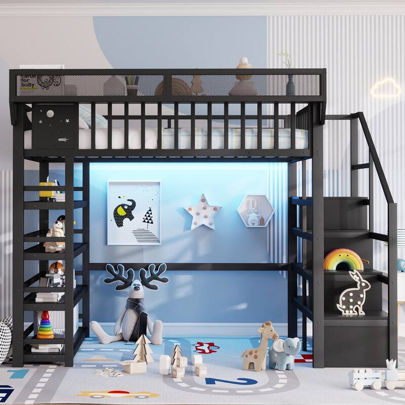 Full Size Metal Loft Bed with Charging Station and 4-Shelf Storage, Kids & Teens Loft Bed with Storage Stairs