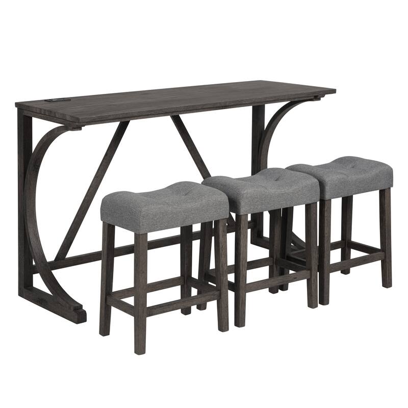 4-Piece Bar Table Set with Power Outlet, Bar Table Set with 3 Padded Stools for Living Room, Dining Room, Game Room, Dark Gray