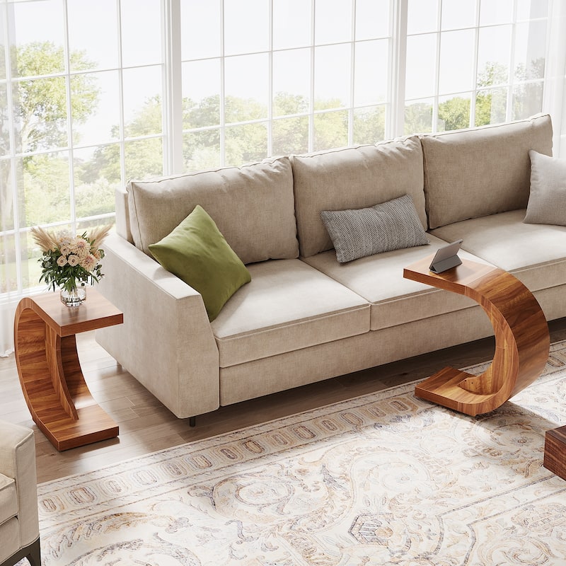 C-Shaped End Table, Wood Side Table for Couch Sofa Living Room