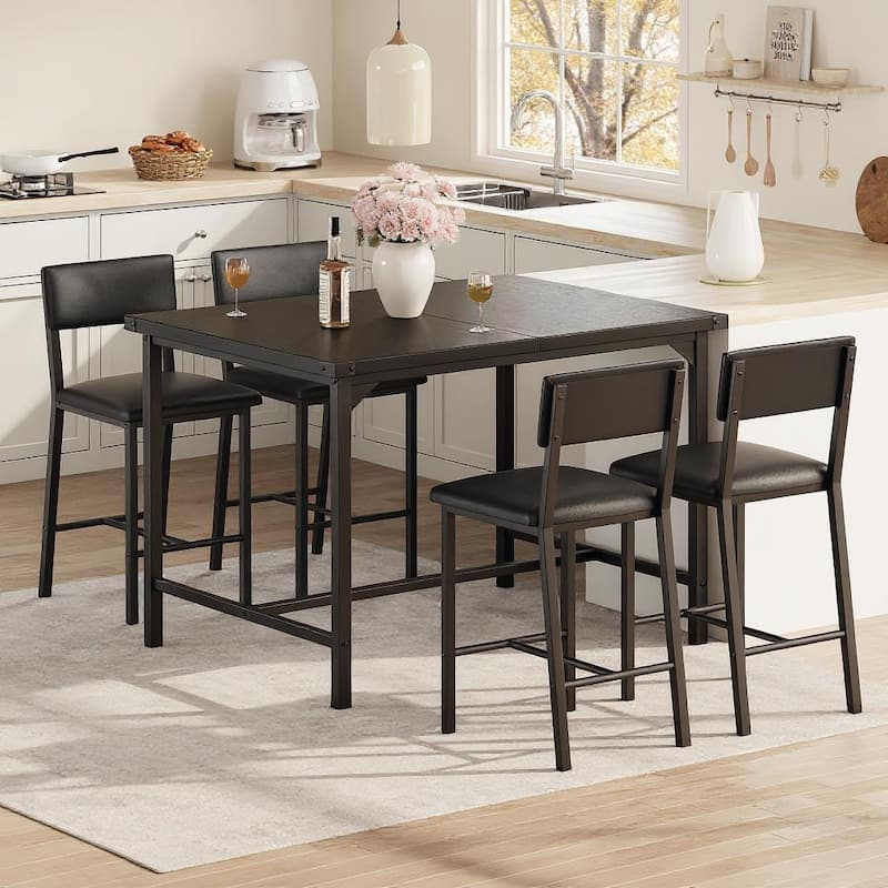 Dining Table Set, Counter Height Table with 4 Upholstered Bar Stools - Black