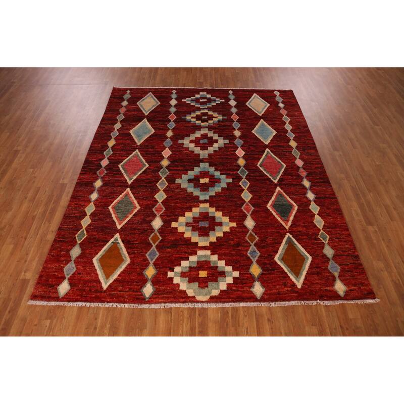 Red Geometric Moroccan Oriental Rug Hand-Knotted Tribal Wool Carpet - 8'1" x 9'9"