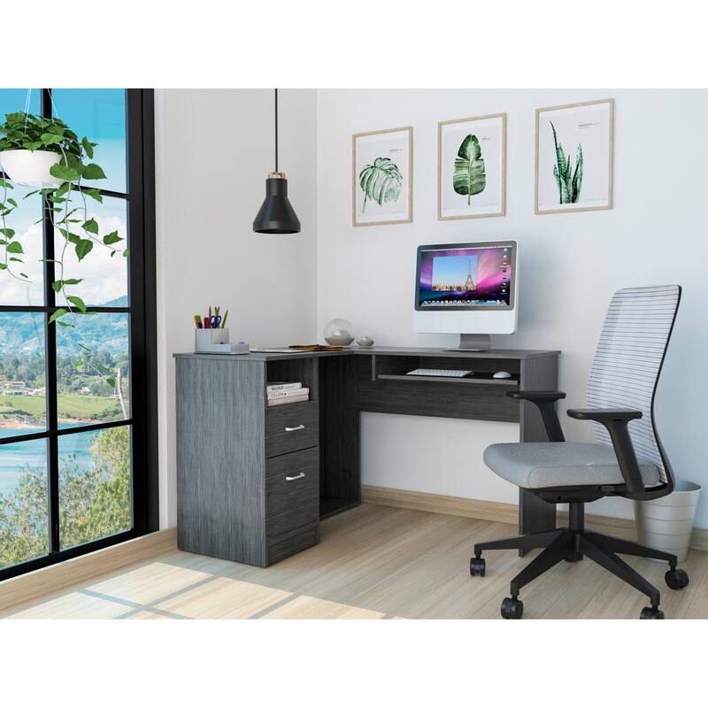 FM Furniture Raleigh L-Shaped Desk with Two Drawers, One Shelf and CPU Storage - Brown